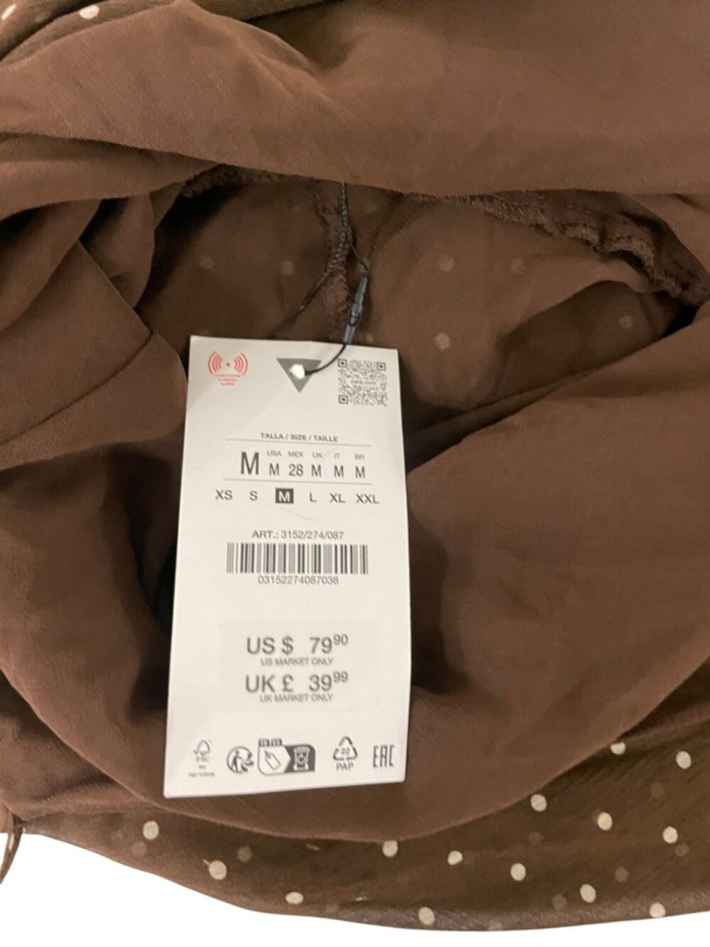 Zara Womens Dress Medium Brown Draped Neck Polka Dot Chiffon Lined 3152/274 NWT - Picture 5 of 10